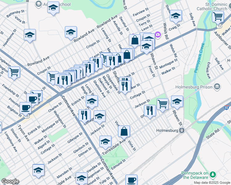 map of restaurants, bars, coffee shops, grocery stores, and more near 4305 Marple Street in Philadelphia