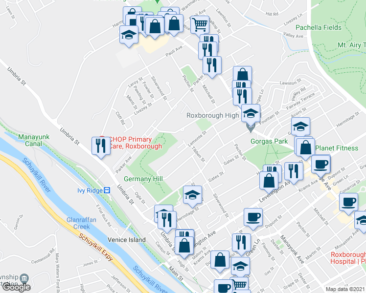 map of restaurants, bars, coffee shops, grocery stores, and more near 222 Overlook Road in Philadelphia