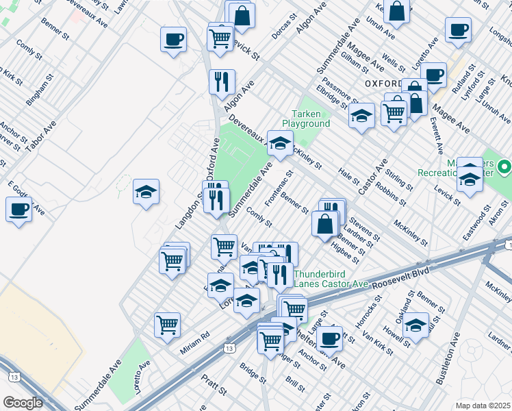 map of restaurants, bars, coffee shops, grocery stores, and more near 6013 Agusta Street in Philadelphia