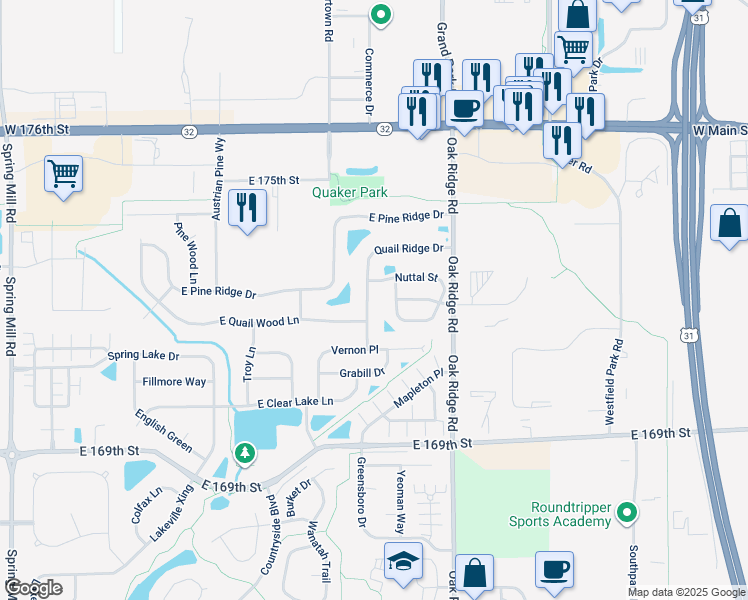 map of restaurants, bars, coffee shops, grocery stores, and more near 489 Quail Ridge Drive in Westfield