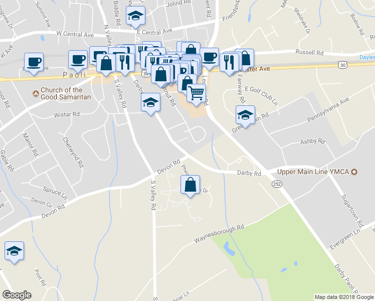 map of restaurants, bars, coffee shops, grocery stores, and more near 119 Darby Road in Paoli
