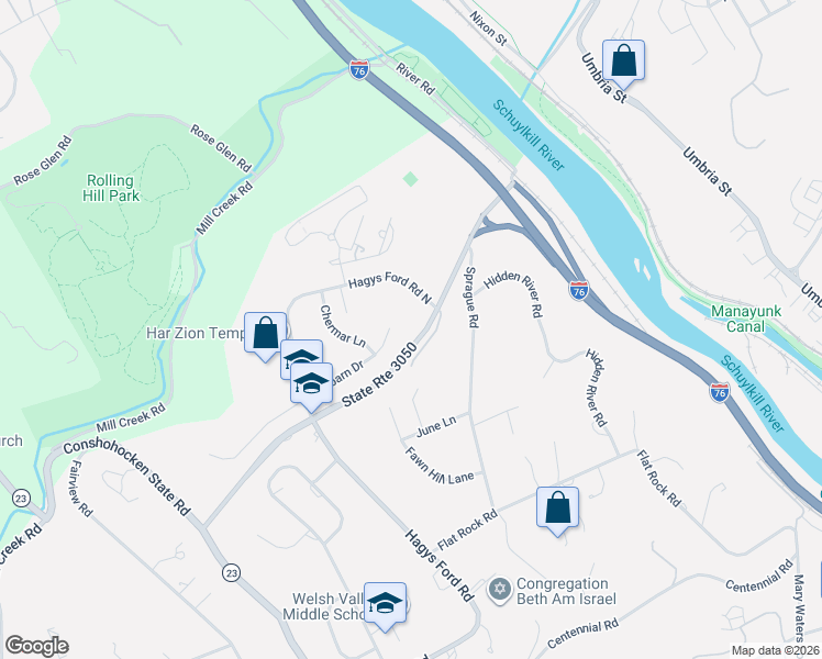 map of restaurants, bars, coffee shops, grocery stores, and more near 1325 Hollow Road in Narberth