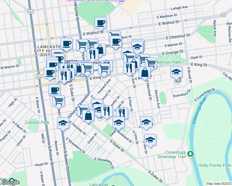 map of restaurants, bars, coffee shops, grocery stores, and more near 442 South Shippen Street in Lancaster
