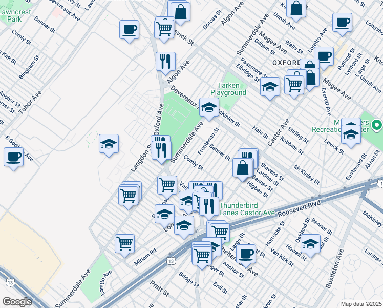 map of restaurants, bars, coffee shops, grocery stores, and more near 6013 Agusta Street in Philadelphia