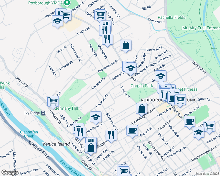 map of restaurants, bars, coffee shops, grocery stores, and more near 310 Fountain Street in Philadelphia