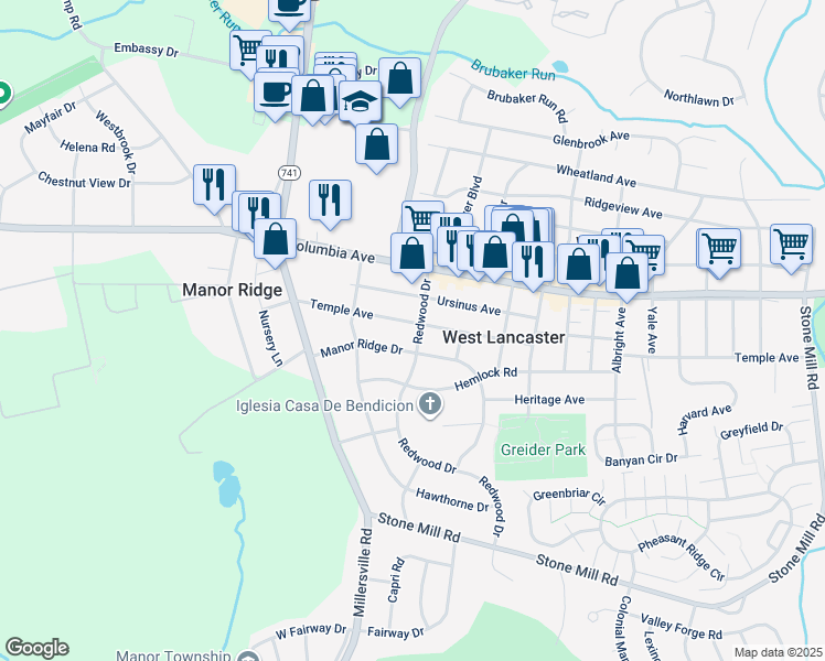 map of restaurants, bars, coffee shops, grocery stores, and more near 2000 Temple Avenue in Lancaster