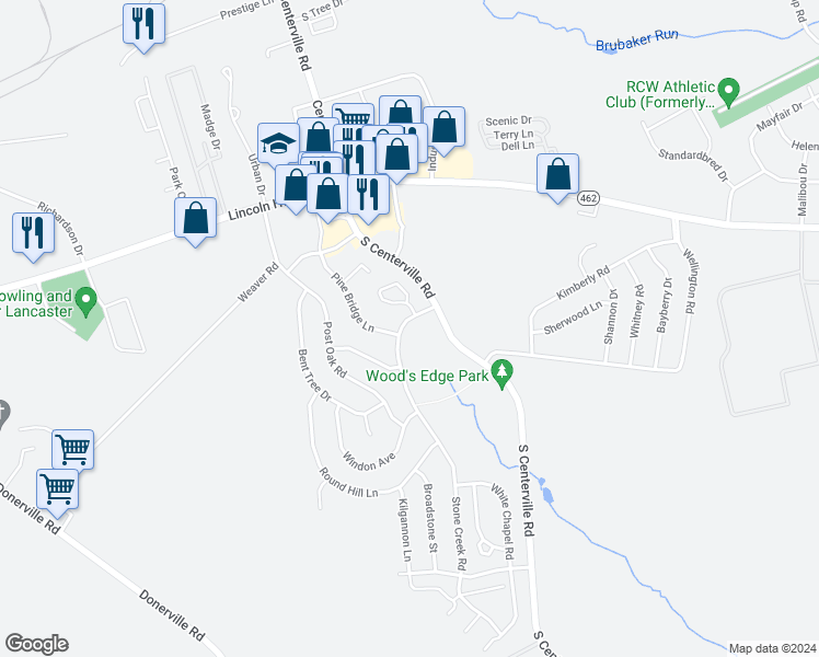 map of restaurants, bars, coffee shops, grocery stores, and more near 98 Stone Creek Road in Lancaster