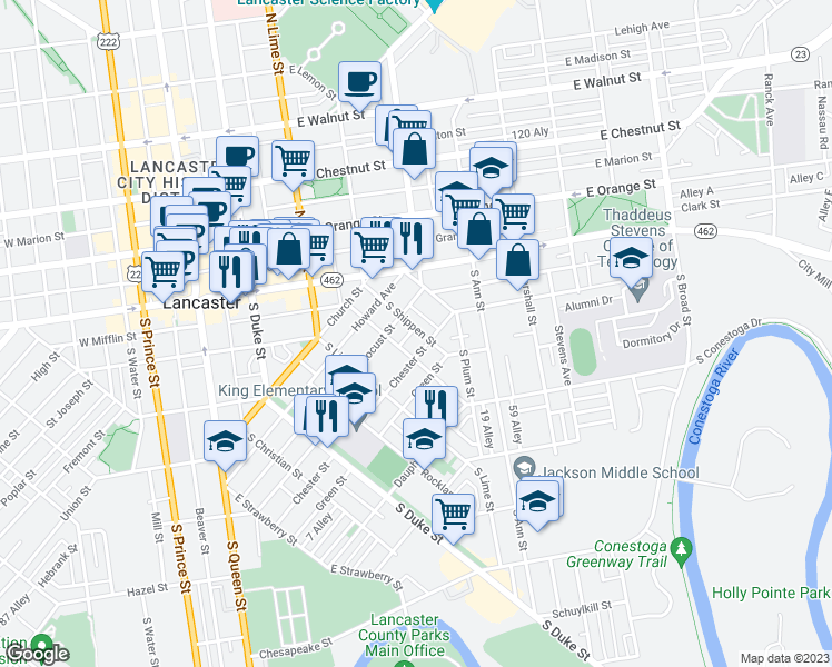 map of restaurants, bars, coffee shops, grocery stores, and more near 442 South Shippen Street in Lancaster