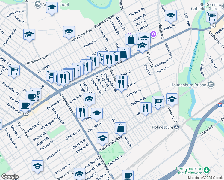 map of restaurants, bars, coffee shops, grocery stores, and more near 4305 Marple Street in Philadelphia