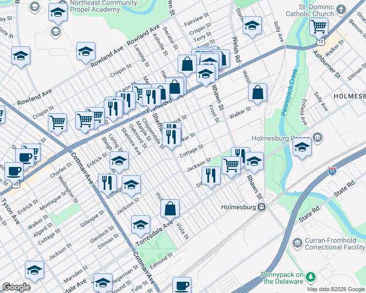 map of restaurants, bars, coffee shops, grocery stores, and more near 7753 Cottage Street in Philadelphia