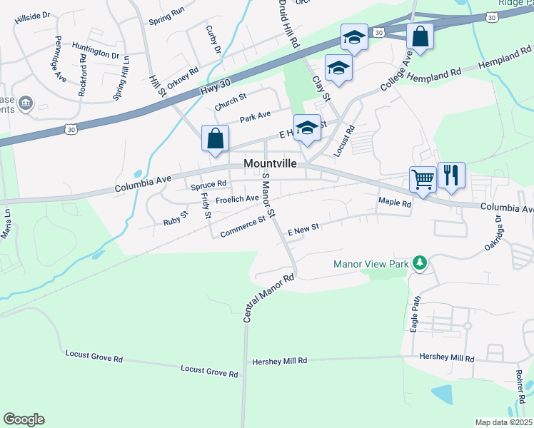map of restaurants, bars, coffee shops, grocery stores, and more near 124 South Manor Street in Mountville