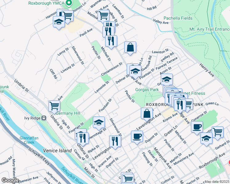 map of restaurants, bars, coffee shops, grocery stores, and more near 314 Fountain Street in Philadelphia