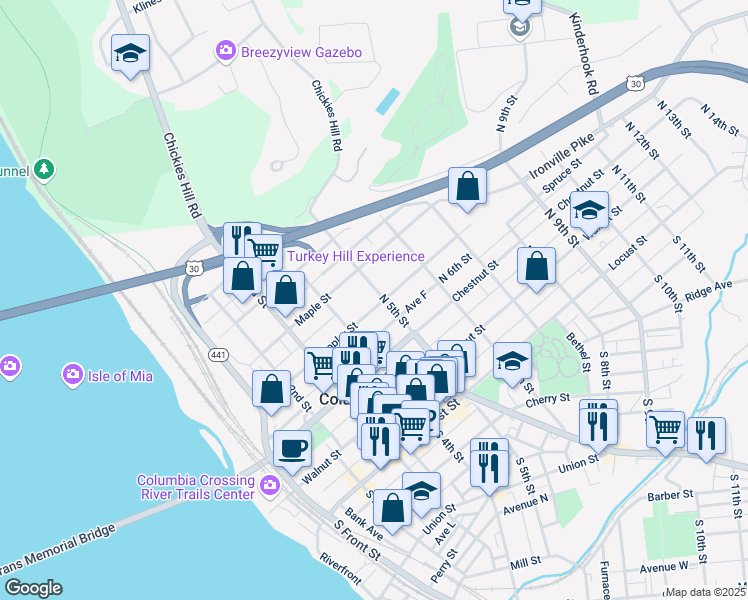 map of restaurants, bars, coffee shops, grocery stores, and more near 304 North 5th Street in Columbia