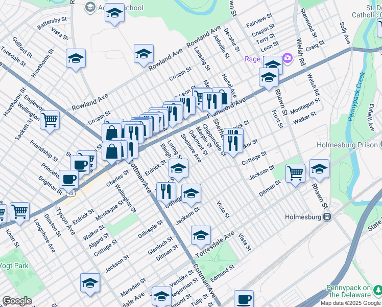 map of restaurants, bars, coffee shops, grocery stores, and more near 4216 Shelmire Ave in Philadelphia
