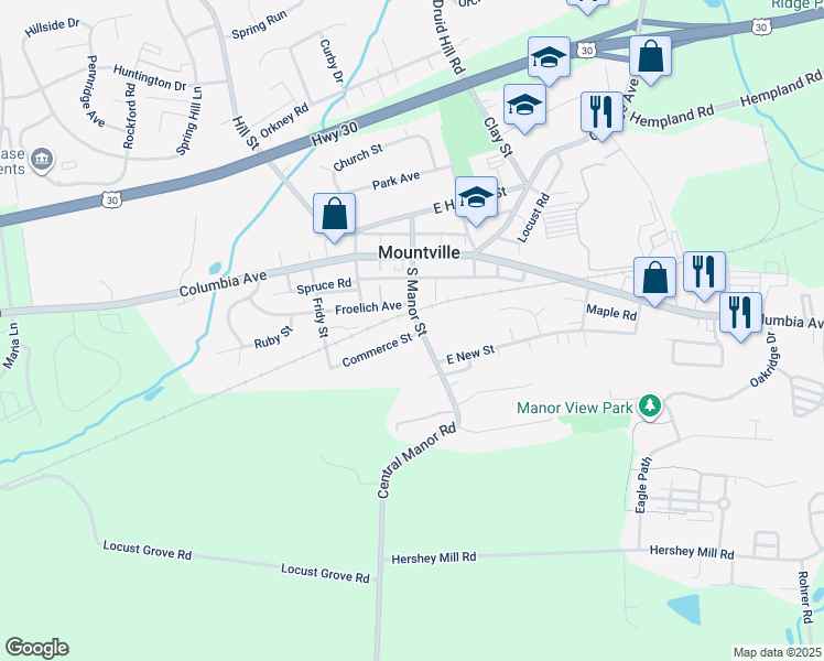 map of restaurants, bars, coffee shops, grocery stores, and more near 124 South Manor Street in Mountville