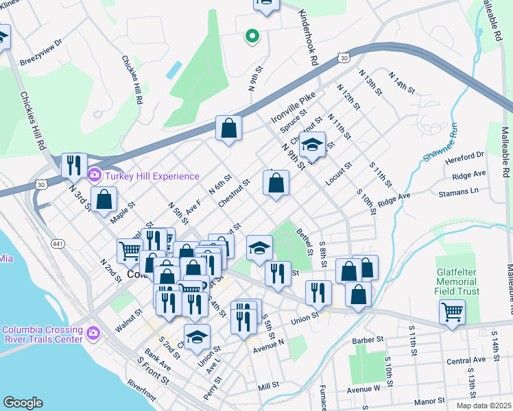 map of restaurants, bars, coffee shops, grocery stores, and more near 102 North 7th Street in Columbia