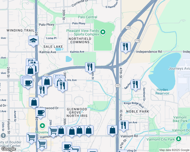 map of restaurants, bars, coffee shops, grocery stores, and more near 3400 Penrose Place in Boulder