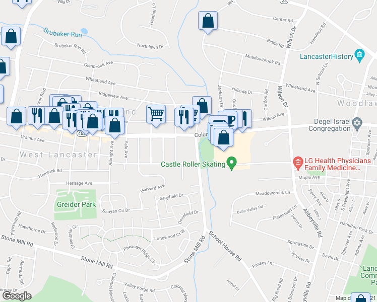 map of restaurants, bars, coffee shops, grocery stores, and more near 103 Stone Mill Road in Lancaster