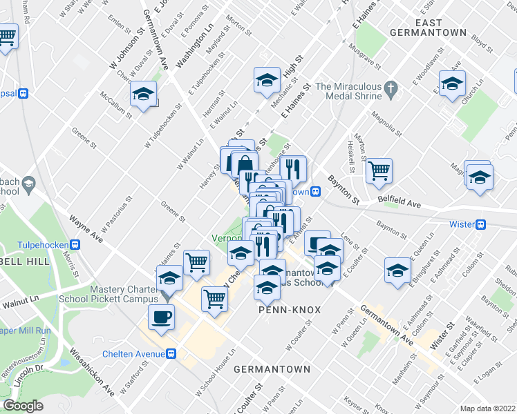 map of restaurants, bars, coffee shops, grocery stores, and more near 5801 Germantown Avenue in Philadelphia