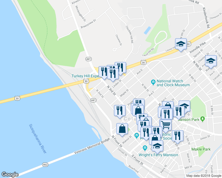map of restaurants, bars, coffee shops, grocery stores, and more near 302 Linden Street in Columbia
