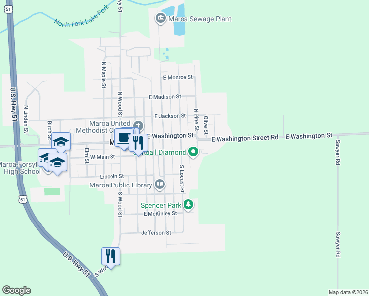 map of restaurants, bars, coffee shops, grocery stores, and more near 108 North Locust Street in Maroa