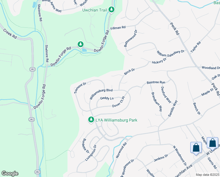 map of restaurants, bars, coffee shops, grocery stores, and more near 829 Williamsburg Boulevard in Downingtown