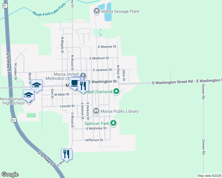 map of restaurants, bars, coffee shops, grocery stores, and more near 108 North Locust Street in Maroa