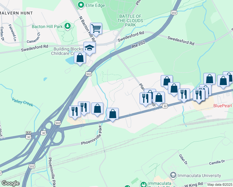 map of restaurants, bars, coffee shops, grocery stores, and more near 150 Mulberry drive in Malvern