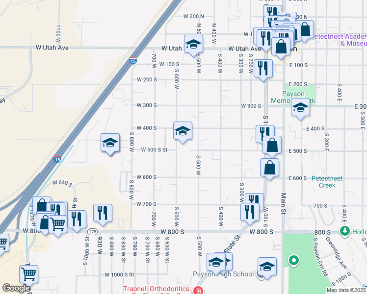map of restaurants, bars, coffee shops, grocery stores, and more near 590 West 500 South in Payson