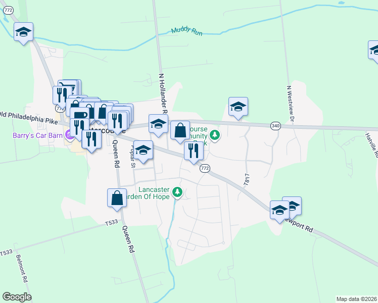 map of restaurants, bars, coffee shops, grocery stores, and more near 1 Heritage Drive in Gordonville