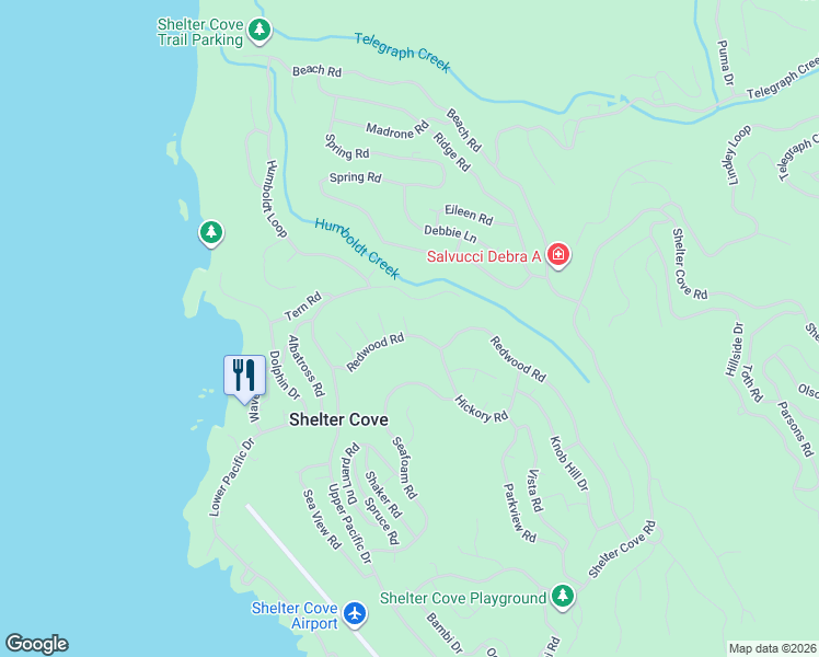 map of restaurants, bars, coffee shops, grocery stores, and more near 802 Redwood Road in Whitethorn