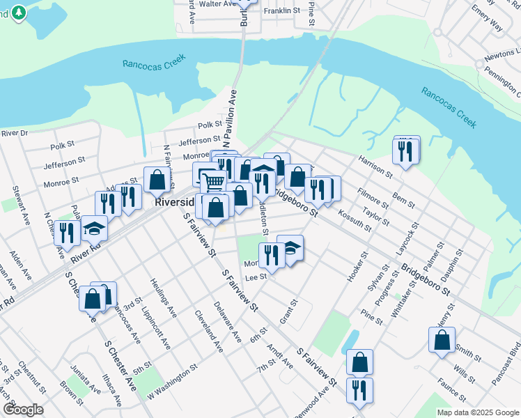map of restaurants, bars, coffee shops, grocery stores, and more near 221 Middleton Street in Riverside