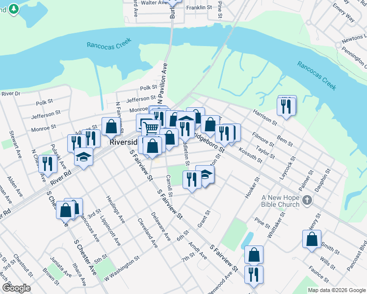 map of restaurants, bars, coffee shops, grocery stores, and more near 221 Middleton Street in Riverside