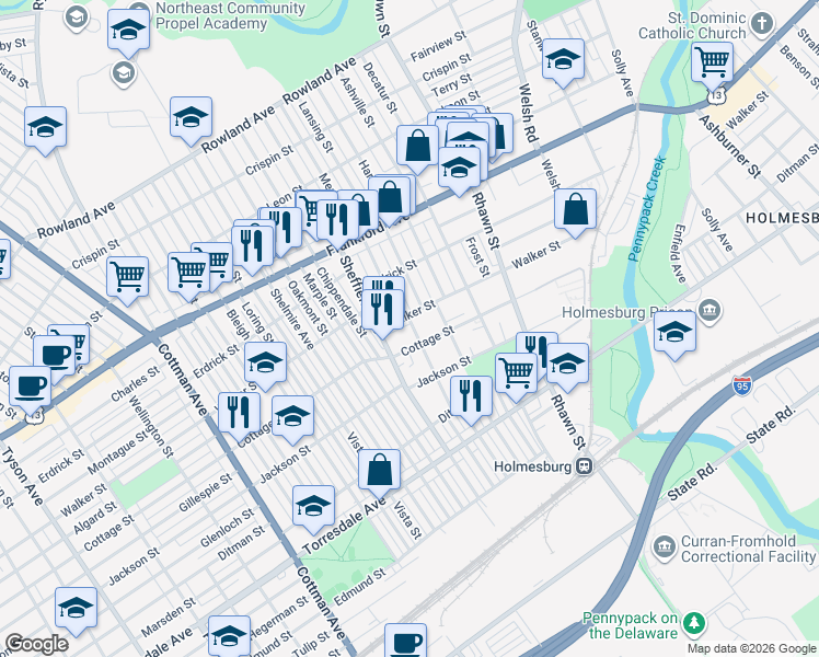 map of restaurants, bars, coffee shops, grocery stores, and more near 7753 Cottage Street in Philadelphia