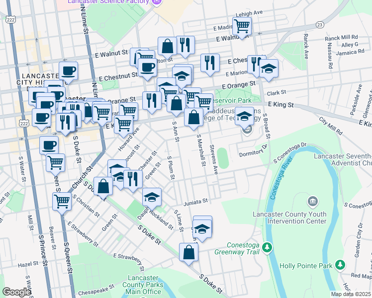 map of restaurants, bars, coffee shops, grocery stores, and more near 136 South Ann Street in Lancaster