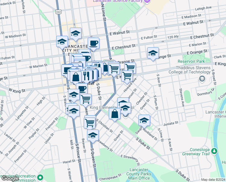 map of restaurants, bars, coffee shops, grocery stores, and more near 213 Old Trinity Place in Lancaster