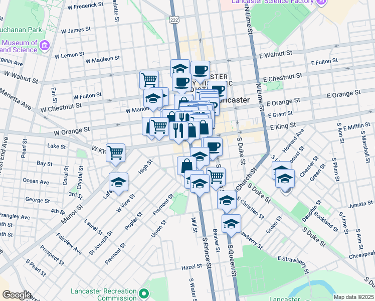 map of restaurants, bars, coffee shops, grocery stores, and more near 38 South Prince Street in Lancaster