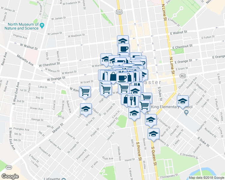 map of restaurants, bars, coffee shops, grocery stores, and more near 34 South Arch Street in Lancaster