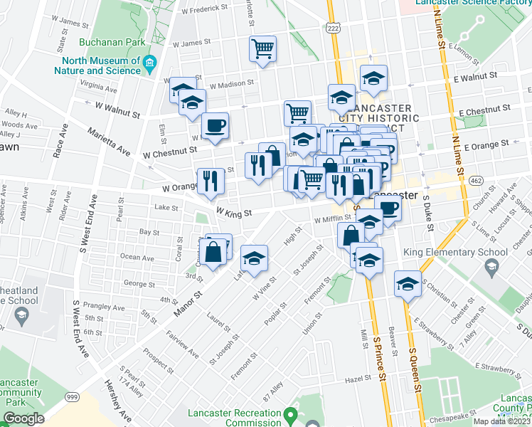 map of restaurants, bars, coffee shops, grocery stores, and more near 429 Lafayette Street in Lancaster