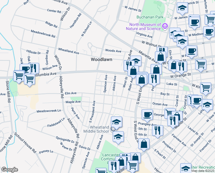 map of restaurants, bars, coffee shops, grocery stores, and more near 53 Spencer Avenue in Lancaster