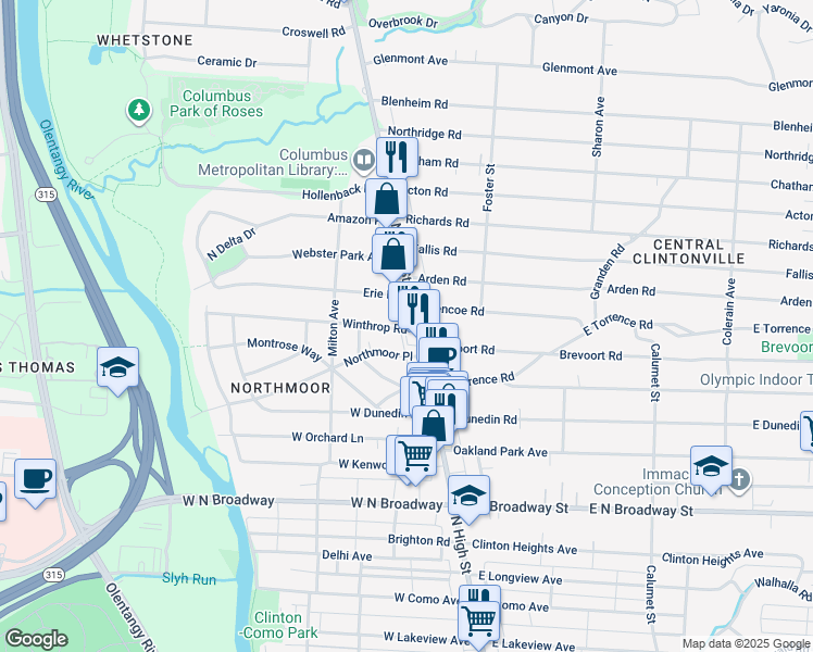 map of restaurants, bars, coffee shops, grocery stores, and more near 3645 North High Street in Columbus
