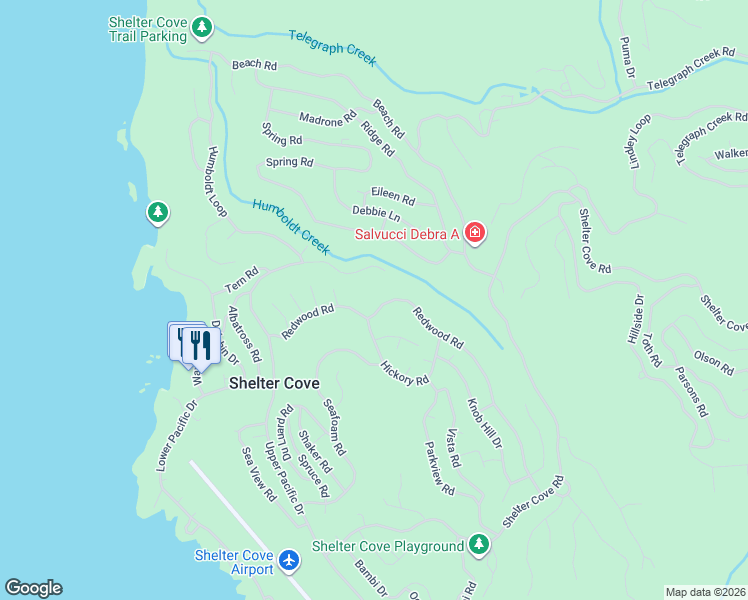 map of restaurants, bars, coffee shops, grocery stores, and more near 717 Redwood Road in Whitethorn