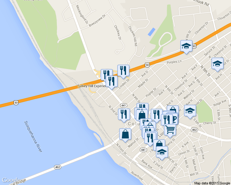map of restaurants, bars, coffee shops, grocery stores, and more near 300 Linden Street in Columbia