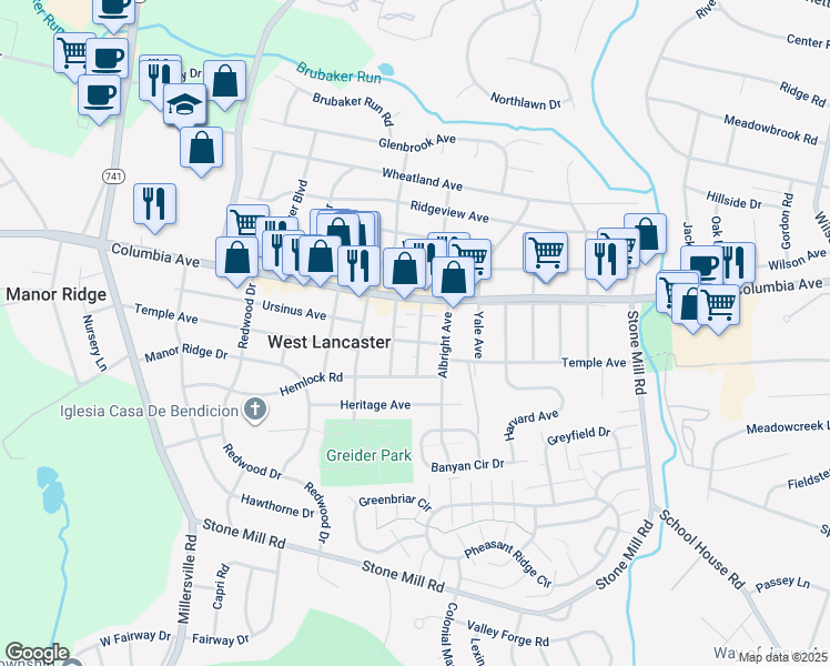 map of restaurants, bars, coffee shops, grocery stores, and more near 30 Bucknell Avenue in Lancaster