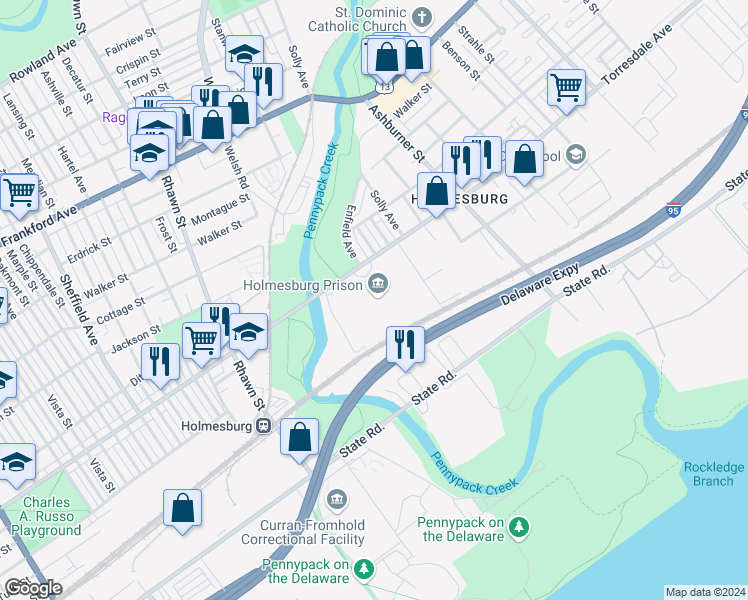 map of restaurants, bars, coffee shops, grocery stores, and more near 8201 Torresdale Avenue in Philadelphia
