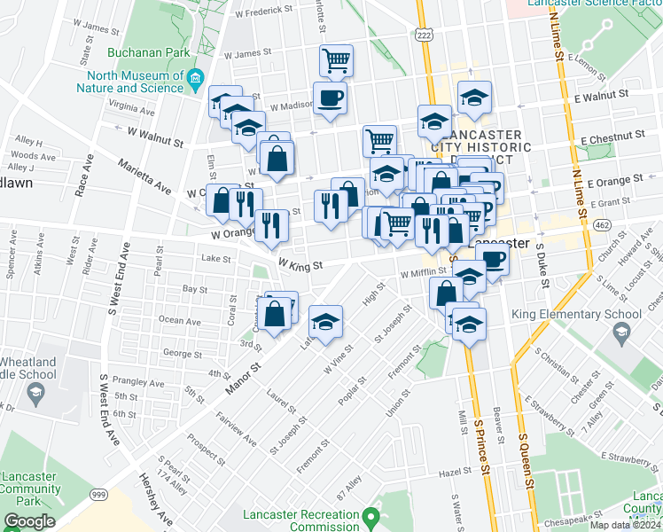 map of restaurants, bars, coffee shops, grocery stores, and more near 424 West King Street in Lancaster