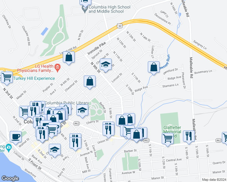 map of restaurants, bars, coffee shops, grocery stores, and more near 34 South 9th Street in Columbia