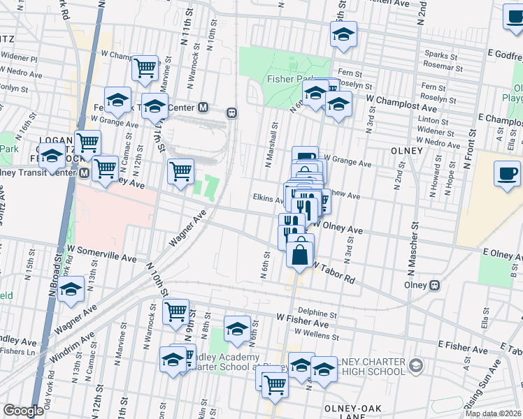 map of restaurants, bars, coffee shops, grocery stores, and more near 618 West Olney Avenue in Philadelphia