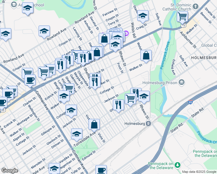 map of restaurants, bars, coffee shops, grocery stores, and more near 7753 Cottage Street in Philadelphia