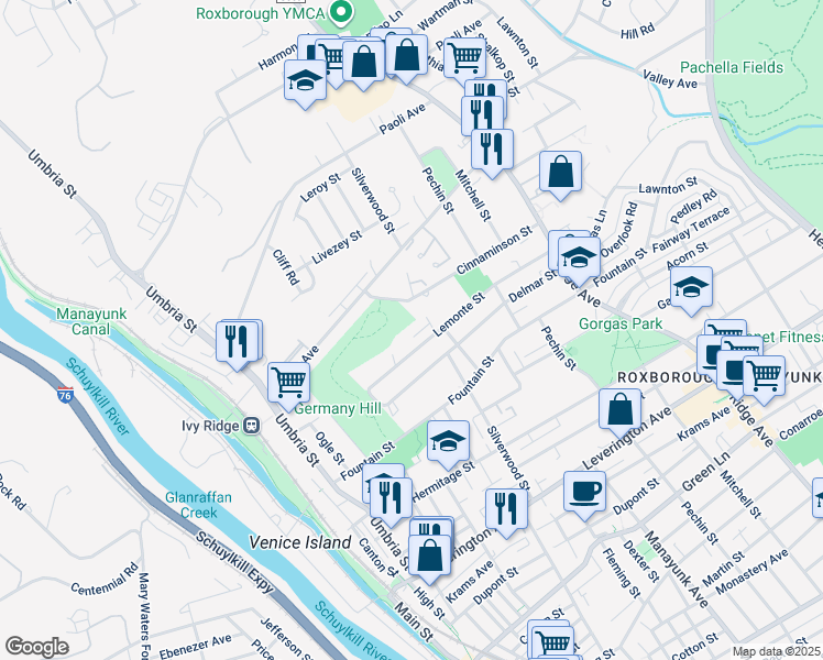 map of restaurants, bars, coffee shops, grocery stores, and more near 209 Overlook Road in Philadelphia
